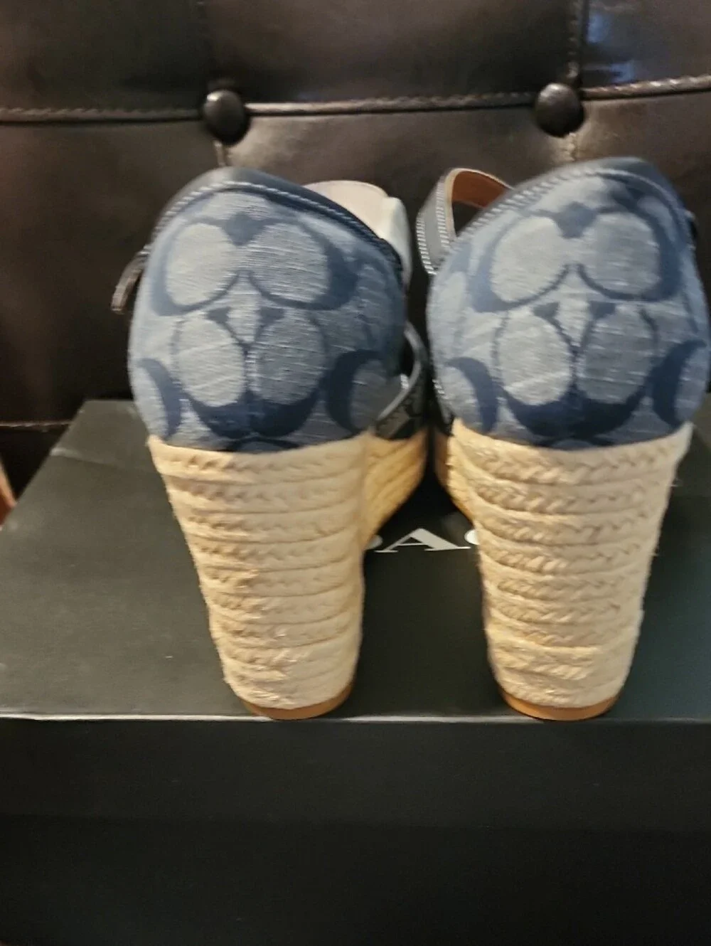 Coach Blue Signature Canvas Espadrille Wedge Sandals with Ankle Strap